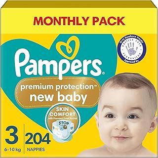 Pampers Premium Protection New Baby Size 3, 204 Nappies, 6kg - 10kg, Monthly Pack, Pampers' Nº1 Comfort & Protection For Sensitive Skin