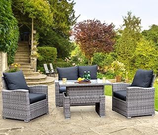 GOODS EMPORIUM 4 Seater Rattan Garden Furniture Set - Outdoor, Patio furniture, Conservatory Sofa sets - RAIN COVER INCLUDED (Dark Brown with Rising Table)