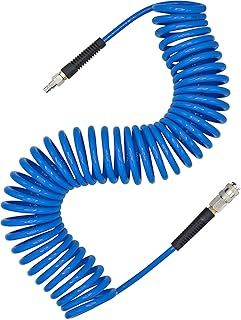 YOTOO Air Compressor Hose Polyurethane Recoil 10m Long 6mm ID x 9.5mm OD with Bend Restrictor, 1/4" Europe Quick Coupler and Plug, Blue