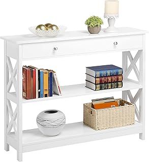 Yaheetech White Console Table, Wooden Hallway Table with Drawer & Open Storage Shelf, 3-Tier Console Sofa Table for Living Room