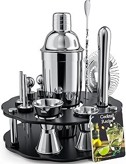 Bokhot 750ml Bartender Kit, 14PCS Cocktail Making Set Stainless Steel Cocktail Shaker Set with Rotating Stand,Shaker Tins, Jigger, Spoon, Pourers, Strainer,Tongs,Bottle Stoppers,Opener, Recipes(Black)