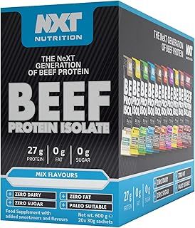 NXT Beef Protein Isolate 20 Sachets - Mixed Selection Box | Protein Powder High in Natural Amino Acids - Paleo, Keto Friendly - Dairy and Sugar Free - Muscle Recovery | 20 Flavours |