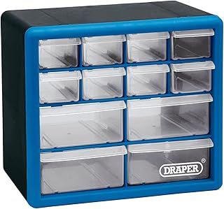 Draper 12 Drawer Organiser Storage Unit Plastic | Workshop Home Office Cabinet Cupboard | Wall Mountable | 12014, 12 Part