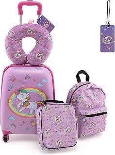 5PCS Kids Luggage Set, 16 Inch Children Suitcase and 13 Inch Backpack Set with Neck Pillow, Lunch Bag, Name Tag, Hard Shell Toddler Trolley Suitcase for Boys Girls (Unicorn, Pink)