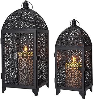 TRIROCKS Set of 2 Vintage Decorative Candle Holder 42 & 31cm High Metal Hanging Lantern with Hollow Pattern for Living Room Garden Parties Indoors (Black)