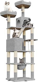 208cm Large Cat Tree, XXL Tall Cat tower with 3 Removable Reinforced Clips, Multi-Level Climbing Frame with 16 Scratching Posts, Perches, Condo and Hammock, for Large and Small Cats, Grey