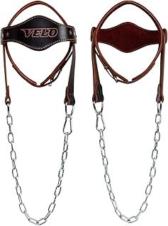 VELO Neck Harness: Weightlifting & Injury Recovery. Long steel chain, head cap. Muscle strength trainer & rehab. Pure leather. Colors: Black, Brown/Orange, Black/Green, Brown, Tan.