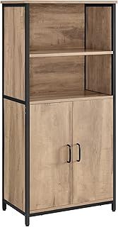 VASAGLE Freestanding Storage Cabinet, Cupboard, Bookcase, 2 Shelves and a Cabinet with an Adjustable Shelf, Steel Frame, for Living Room, Kitchen, Home Office, Toasted Oak and Black Colour LSC066B50