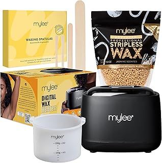MYLEE Advanced Wax Kit - Complete Professional Home Waxing Solution for Silky Smooth Skin - Includes Digital Wax Heater, Jasmine Scented Stripless Hard Wax & 200x Assorted Disposable Wooden Spatulas
