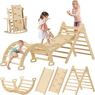 Tiny Land Triangle Climbing Frame for Kids, 3 in 1 Foldable Montessori Toy Wooden Climbing Triangle, Indoor Climbing Frame Set Wooden Climbing Toy with Ramp and Arch Climbing Triangle