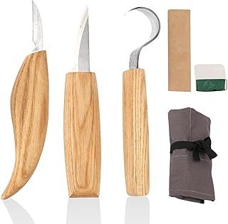 Chrome Vanadium Steel Carving Tool Set - 5 Pcs, Includes Detail & Whittling Knife, Hook Knife, Professional for Wood, Fruit, Vegetable Sculpture