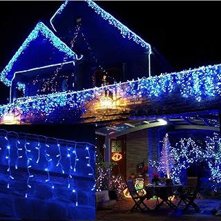Icicle Christmas Fairy Lights Waterproof Outdoor/Indoor use. Blue 120 LED 4M Wide Plus a Massive 10M Lead Cable, 8 Modes, Low Safe Voltage White Cable (Blue, 120LED 4M)