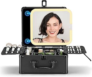 OMIRO Portable Makeup Box with Removable Magnetic Led Mirror : Travel Makeup Bag, Cosmetic Organiser Train Case with Adjustable Compartment, Gift for Women-(Black)