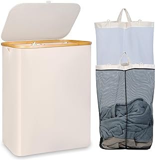iEGrow Washing Basket for Laundry 150L XL-Extra Large 2 Compartments Laundry Basket with Bamboo Handle and Lid, Dirty Clothes Storage Folable Laundry Hamper for Clothes Toys Towels (Beige)