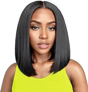 Tunfine Wear and Go Glueless Bob Wig Human Hair for Women, Upgrade 5x6 Pre-Cut Lace Pre Plucked Hairline with Bleached Knots for Beginners, 180 Density Human Hair Short Black Bob Wigs 12inch
