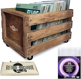 Retro musique Wooden 12” LP Vinyl Record Storage Crate on Wheels Holds up to 100 Albums (in PVC Sleeves) with Hessian Cloth Cover Includes 40 Vinyl Record Outer Sleeves (Oak Finish)