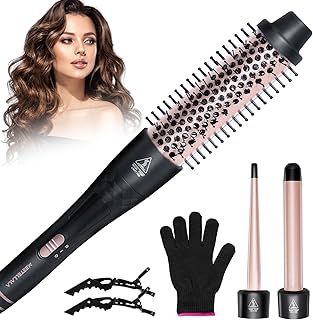 Hair Curler, 3 in 1 Curling Tongs Set with Curling Brush and 2 Interchangeable Ceramic Curling iron 9-25mm Curling Wand, with Glove 2 Hair Clips Hair Styling Tool for Long Medium Short Hair