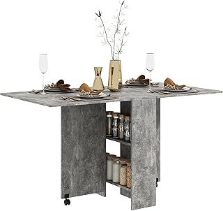 HOMCOM Folding Dining Table, Drop Leaf Table with 2-Tier Shelves, Rolling Casters, for Small Spaces, Kitchen, Cement Grey
