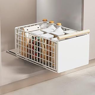 Pull Out Cabinet Organiser, pull out kitchen storage Foldable, Kitchen Cupboard Organiser with Handle, No Drill Adjustable Drawers, Slide Out Drawers for Kitchen Cabinets, Large, White