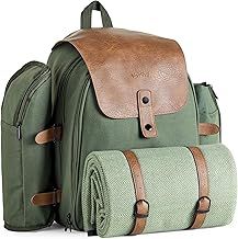 VonShef Picnic Backpack, 4 Person Green Adventure Bag with Full Dining & Cutlery Set, Insulated Cooler Compartment & Large Waterproof Picnic Blanket, Lightweight Water Resistant Camping Accessories