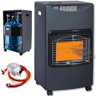 Yorkshire Homeware Portable Gas Cabinet Heater Free Standing Calor Butane Fire Wheels Comes With Free Hose and Regulator 4.2kw Foldable Design Black
