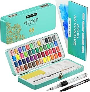 ARTISTRO Watercolour Paint Set, 48 Vivid Colors in Portable Box, Including Palette Metallic and Fluorescent Colors Perfect Travel Watercolor Set for Artists, Amateur Hobbyists and Painting Lovers