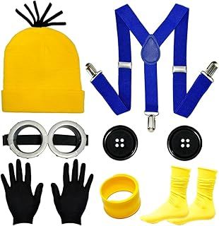10Pcs Yellow Costume Halloween Adults World Book Day Kids Accessories with Hats Steampunk Goggles Glasses Socks Wristband Gloves Buttons Shoulder Cosplay Dress Up Outfit Funny Dress Party Supplies