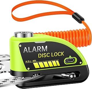 120dB Bike Lock Alarm Rechargeable Waterproof Anti Theft Disc Lock for Motorcycle Scooter Moped 7mm Brake Wheel with 5.9FT Reminder Cable Green