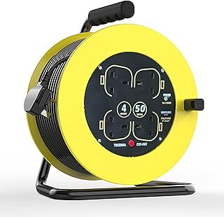 Extension Lead 15m Heavy Duty Cable Reel, 4 Socket Cord Reel UK Plug Socket with Thermal Cut-Out Protection 13A Fused Plug
