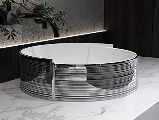 MEJE 42.5cm Elegant Silver Stripe Round Art Basin, Above Counter Bathroom Vessel Sink, Porcelain Ceramic Countertop Sink(Include pop up Drain)