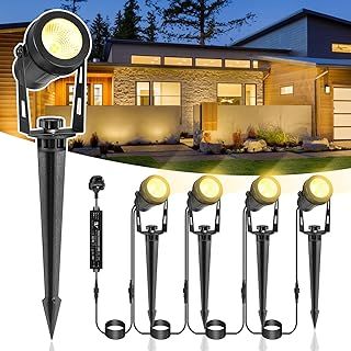 4-1 Garden Spot Lights, 15M Outdoor Spotlight with Adapter, 12V Low Volt LED Garden Lighting, IP65 Waterproof, Outdoor Spot Lights Mains Powered for Yard (3000K) ﻿