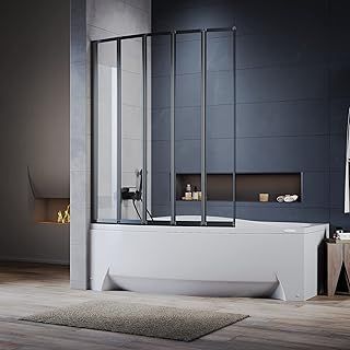 ELEGANT Black 5 Panel Folding Bath Shower Screen,1200mm Over Bath Shower Screen Door Toughened Safety Clear Glass Bathtub Door Pivot Swing Panel