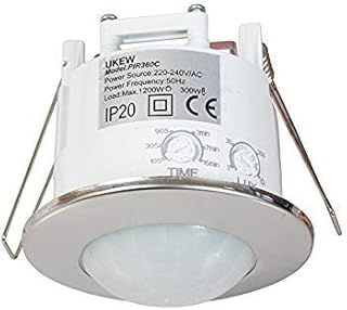 360 Degree PIR Motion Sensor - 1200W Chrome Recessed Ceiling Mounted Occupancy Light Switch with Adjustable Timer & LUX Control - Presence Detector for Home Security