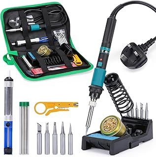 YIHUA 947-IX Portable Soldering Iron Kit w Adjustable Temp. Range 220~480°C Power Button Temp.-Controlled ESD-safe Solder Iron Holder 5 Soldering Tips for DIY Soldering Back-up Soldering Kit (UK Plug)