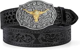 LEACOOLKEY Western Cowboy Leather Belt for Men Longhorn Bull Buckle Belt 1.5" Wide Floral Engraved Embossed Leather Belt