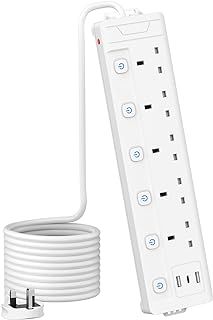 3M 5 Gang Extension Lead with 3 USB Slots (2 USB-A,1 USB-C), Individually Switched Extension Lead with USB Slots, White 3 Metre Extension Lead, For Home Dorm Office Multi Plug