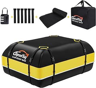 Car Roof Box, 15 Cubic Feet Roof Bag, 1000D Waterproof Heavy Duty Tear-Resistant Fabric, Rooftop Cargo Carrier for All Vehicle with/without Racks, Included Luggage lock, Anti-Slip Mat, 6 Door Hooks.