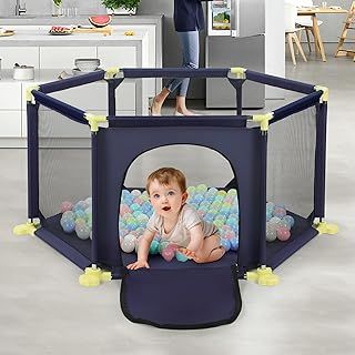 Baby Playpen, 6 Panel Playpen for Baby and Toddlers with Breathable Mesh and 30 Play Balls, Indoor Outdoor Baby Fence Kids Activity Centre for Boys Girls, Dark Blue