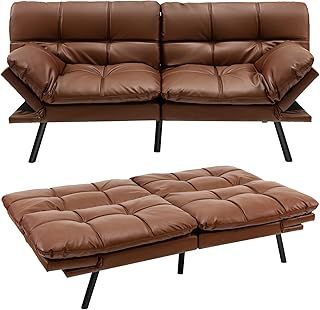 COSTWAY 2/3 Seater Convertible Sofa Bed, Click Clack Sleeper Couch with Reclining Backrest, Adjustable Armrests & 6 Metal Legs, Padded Loveseat Sofa for Living Room and Bedroom (PU Leather, Brown)
