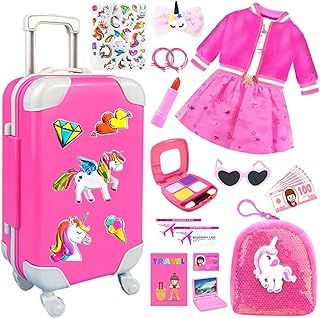 BNUZEIYI 23Pcs 18 Inch Girl Doll Accessories Case Luggage Travel Play Set with Doll Clothes Cute Bag Computer Glasses Pretend Makeup Toy Stickers Doll Stuff Fit 18 inch Doll Christmas Birthday Gift