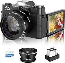 4k Digital Camera Flip Screen: 48MP Vlogging Camera for YouTube with 52mm Wide Angle & Macro Lens, 32GB TF Card and 2 Batteries,16X Digital Zoom - Black