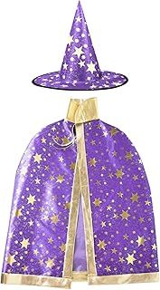 Deolven Halloween Costumes for Kids, Wizard Cape and Witches Hat, Halloween Witch Costume Cloak and Hats, Hocus Pocus Costume with Golden Stars Pattern for Children, for Party and Cosplay Purple