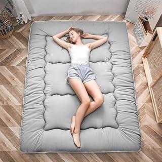 MAXYOYO Japanese Floor Futon Mattress, Thicken Tatami Mat Sleeping Pad Foldable Roll Up Mattress Dormitory Lounger Pillow Bed (Single, Gray)