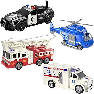 TEMI 4 Pack Emergency Vehicle with Lights and Sounds Toys Playsets for Kids, Rescue Helicopter, Police Car, Fire Truck, Ambulance Car Toys Kids Gift Age 3-12 Boys Girls