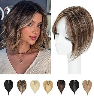Hair Toppers for Thinning Hair Women Real Hair Pieces for Women Human Hair Topper Adding Extra Hair Volume Swiss Base Clip in Hair Extensions 10inch (Medium Brown Mix Blonde)