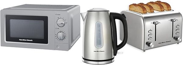 Hamilton Beach Kettle Toaster Microwave Set, Electric Kettle, Toaster 4 Slice, Microwave, Kettle & Toaster Set, Rise, 1.7L Kettle, Wide Slot Toaster, 700W Microwave, Polished, Stainless Steel - HBKTMP