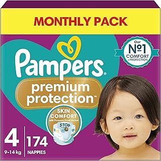 Pampers Premium Protection Size 4, 174 Nappies, 9kg-14kg, Monthly Pack, Double protection - Skin comfort - Ultra-soft materials