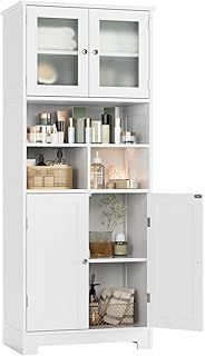 HOCSOK Bathroom Tall Cabinet, Bathroom Storage Cabinet with Adjustable Shelves and Doors, Freestanding Storage Cupboard for Living Room Kitchen, White, 147.5 x 60 x30 cm, White
