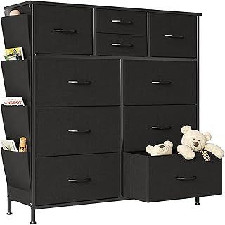 Flrrtenv Chest of Drawers, 100cm Wide Dresser for Bedroom with 10 Drawers, Fabric Storage Drawers Fit for Nursery, Living Room, Closet - Black