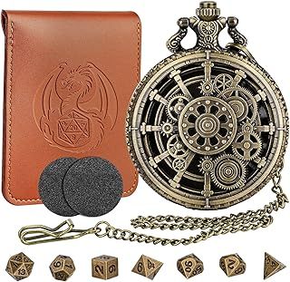 Mini DND Dice Set With Bronze Steampunk Hollow Gear Pocket Watch Shell Case, D&D Gifts With Dice Bag, 7pcs Polyhedral Metal Dice Set, Starter Set, Role Playing Board Games Accessories